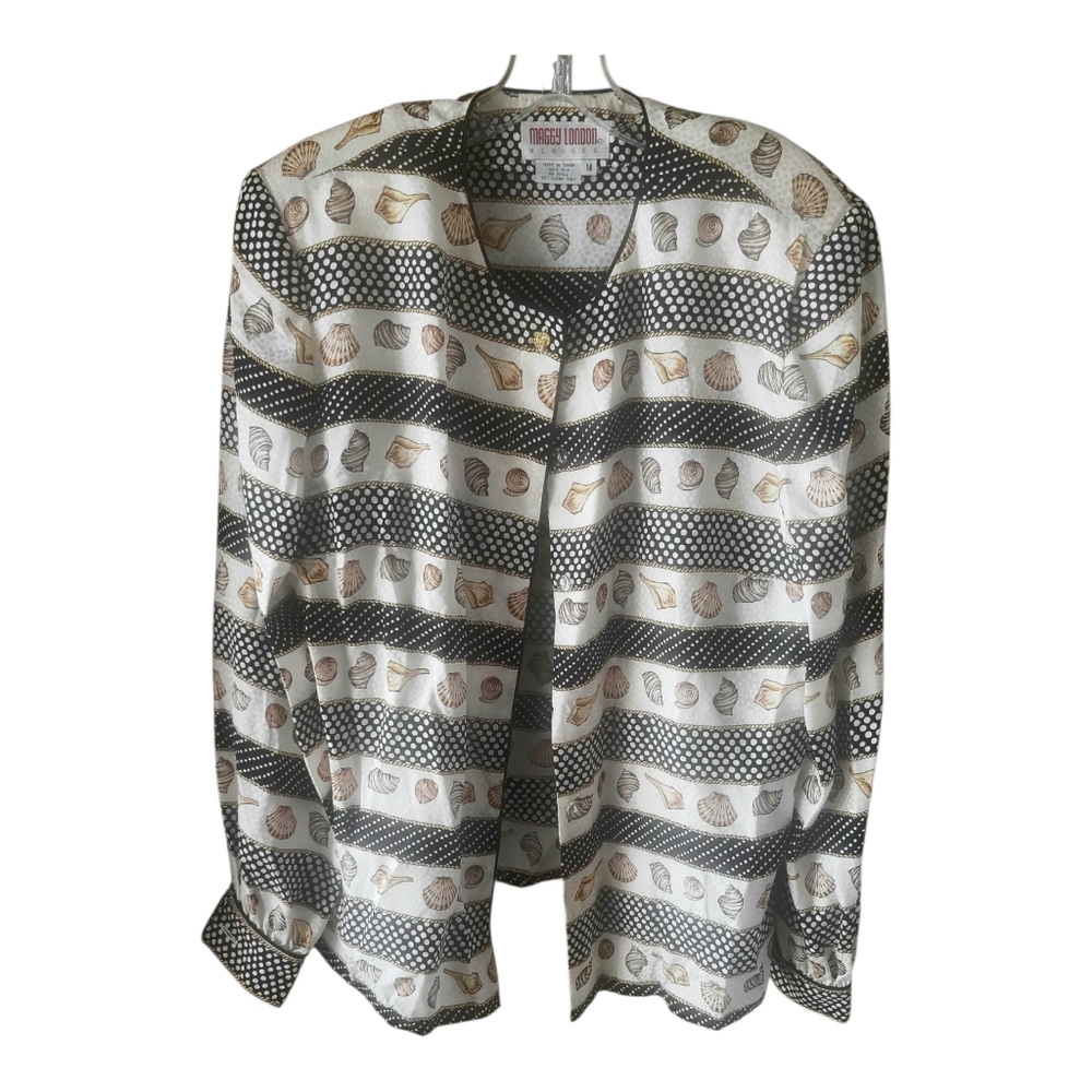 Vintage Maggie London 100% Silk Seashell Print Blouse With Shoulder Pads Size L